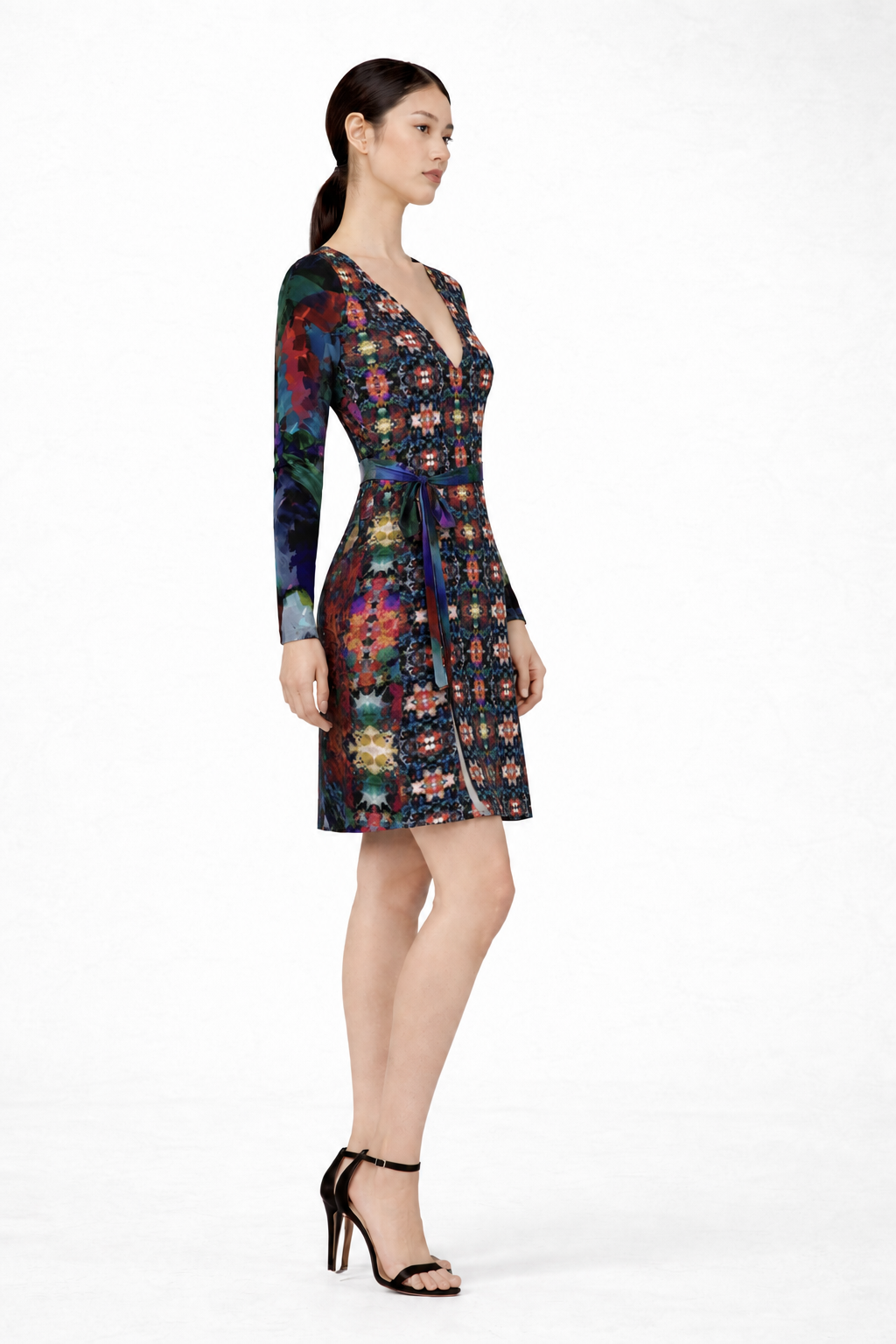 Corrected Too Many Flowers 2 above-the-knee wrap dress right model photo