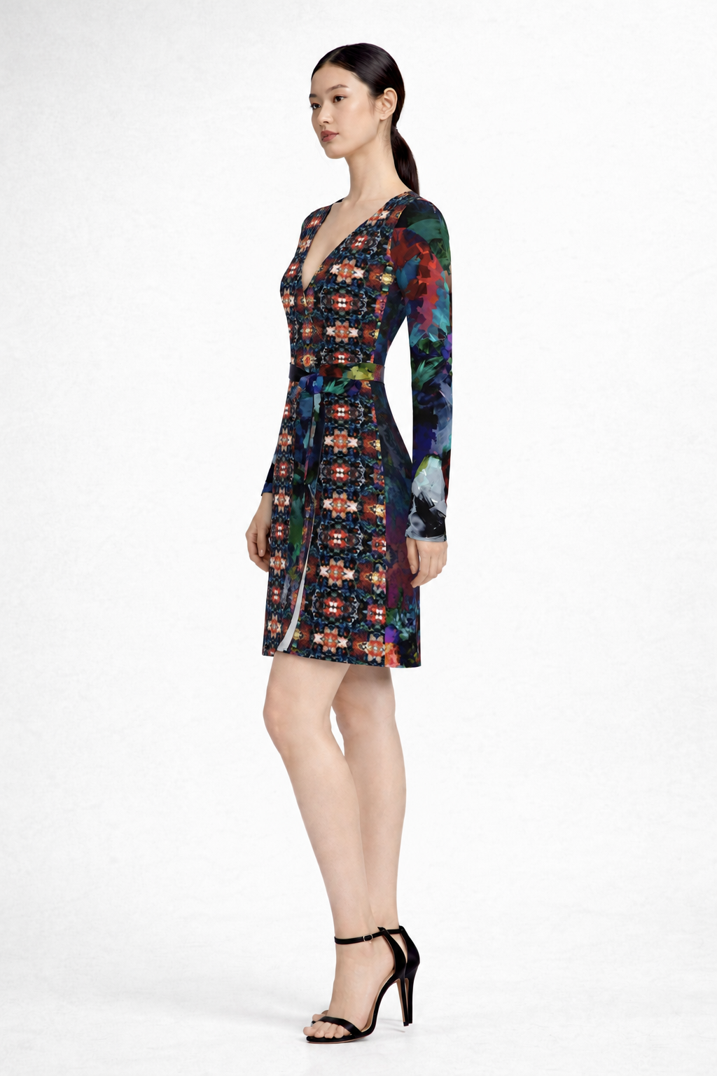 Corrected Too Many Flowers 2 above-the-knee wrap dress left model photo