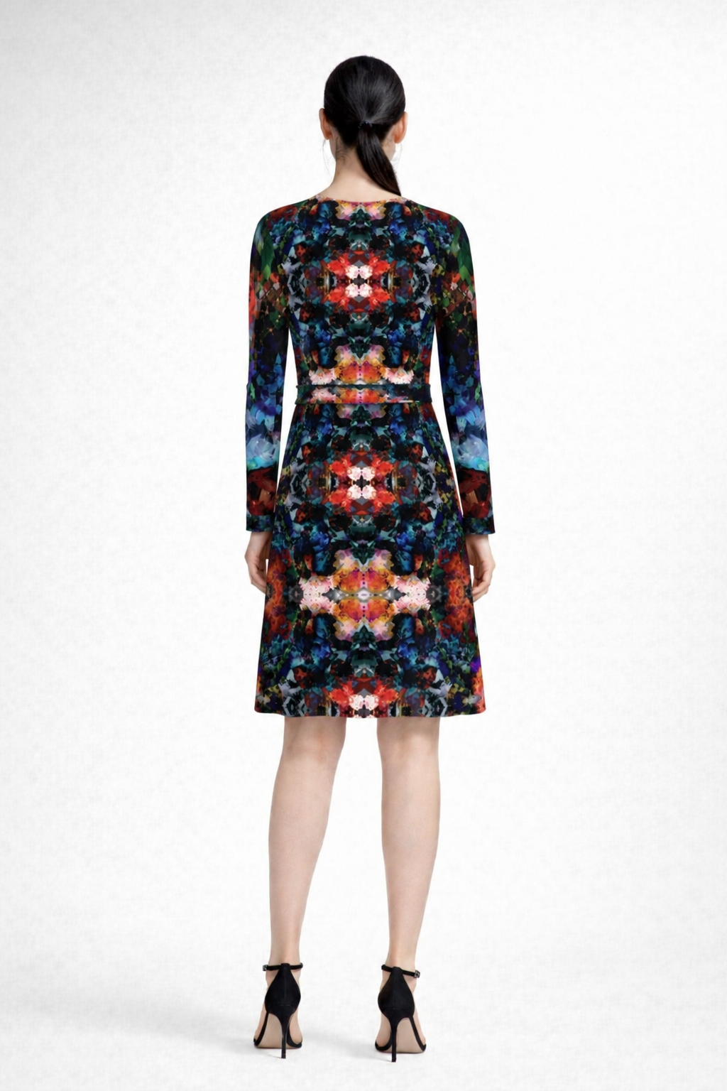 Corrected Too Many Flowers 2 above-the-knee wrap dress back model photo