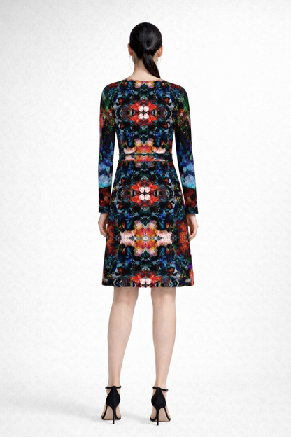 Corrected Too Many Flowers 2 above-the-knee wrap dress back model photo