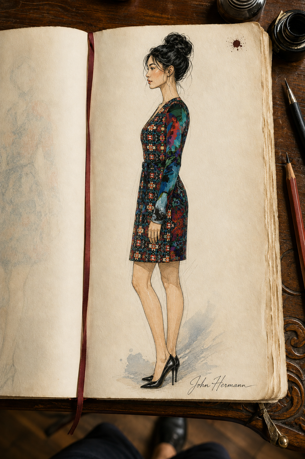 Too Many Flowers 2 Above the Knee Wrap Dress Handbook left profile page