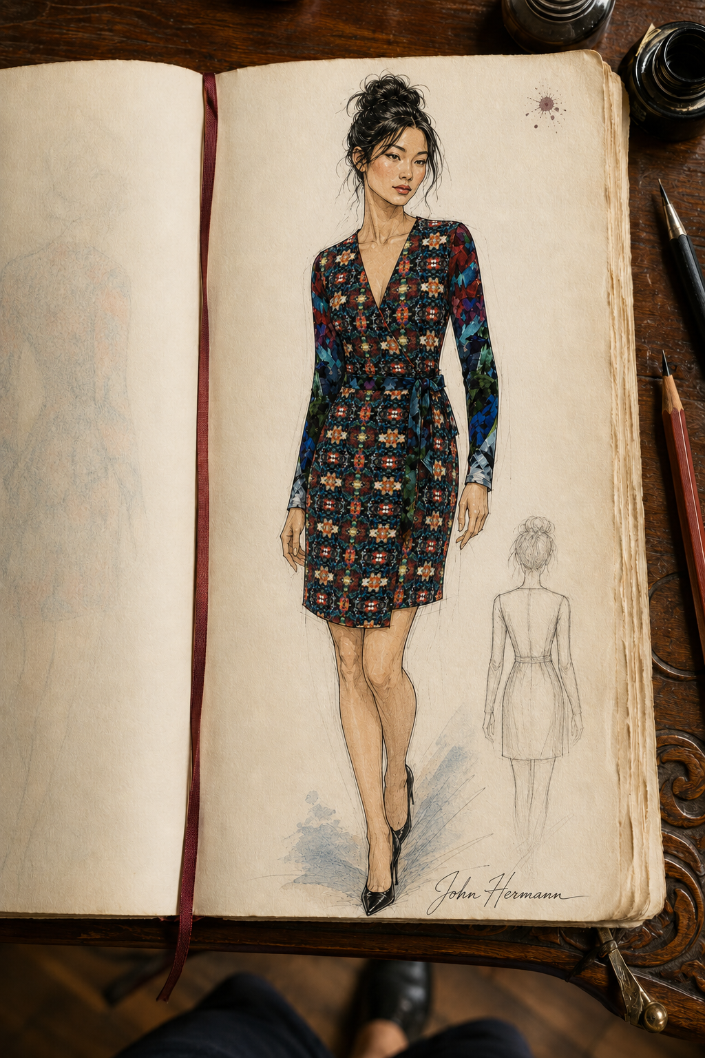 Too Many Flowers 2 Above the Knee Wrap Dress Handbook front construction page