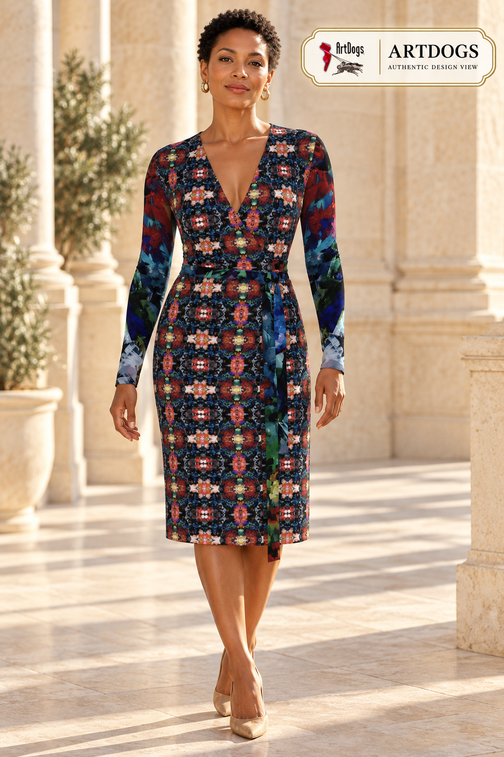 Too Many Flowers 2 long wrap dress, Authentic Design View front, Solange Silky Jersey