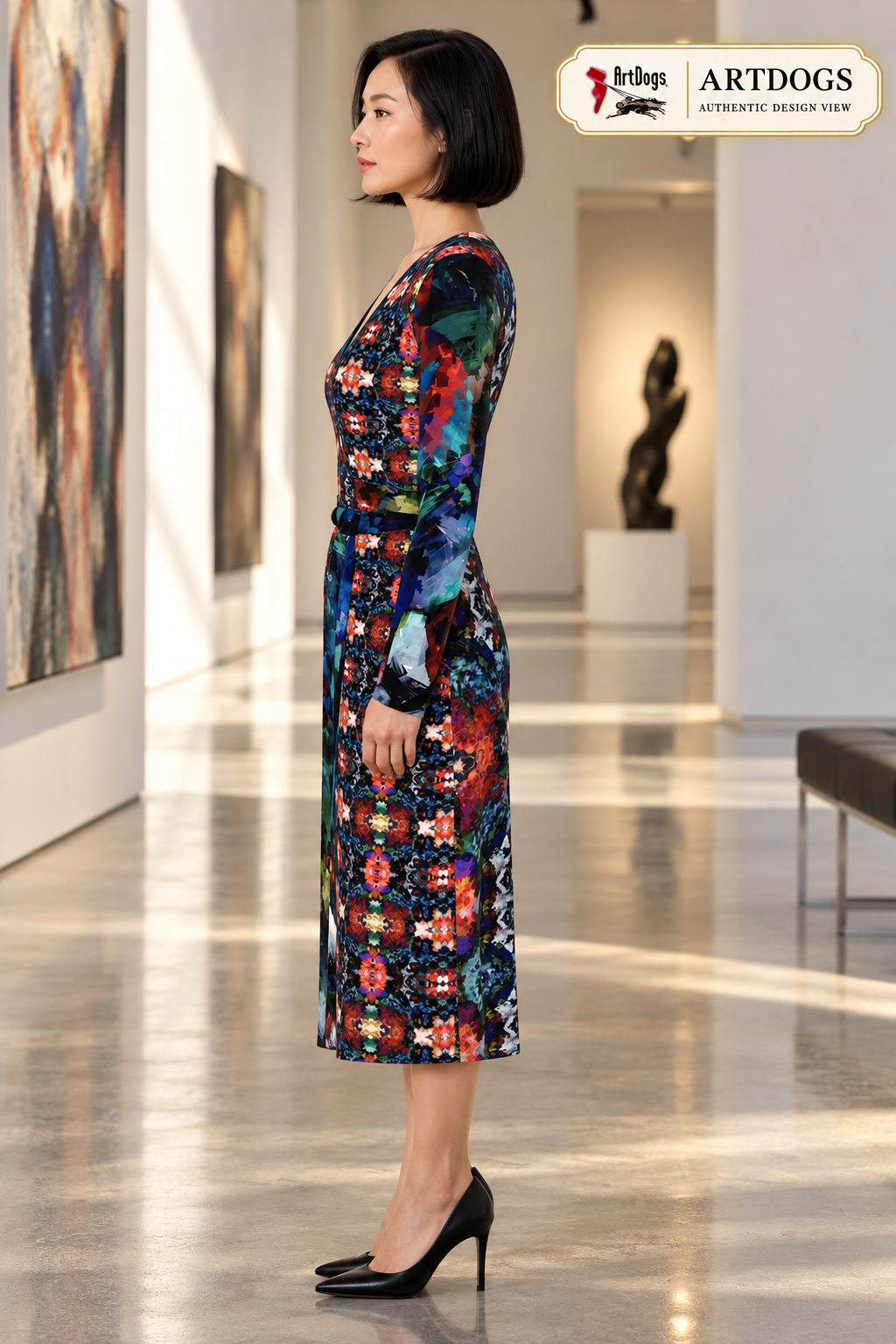 Too Many Flowers 2 long wrap dress, Authentic Design View left profile, Solange Silky Jersey