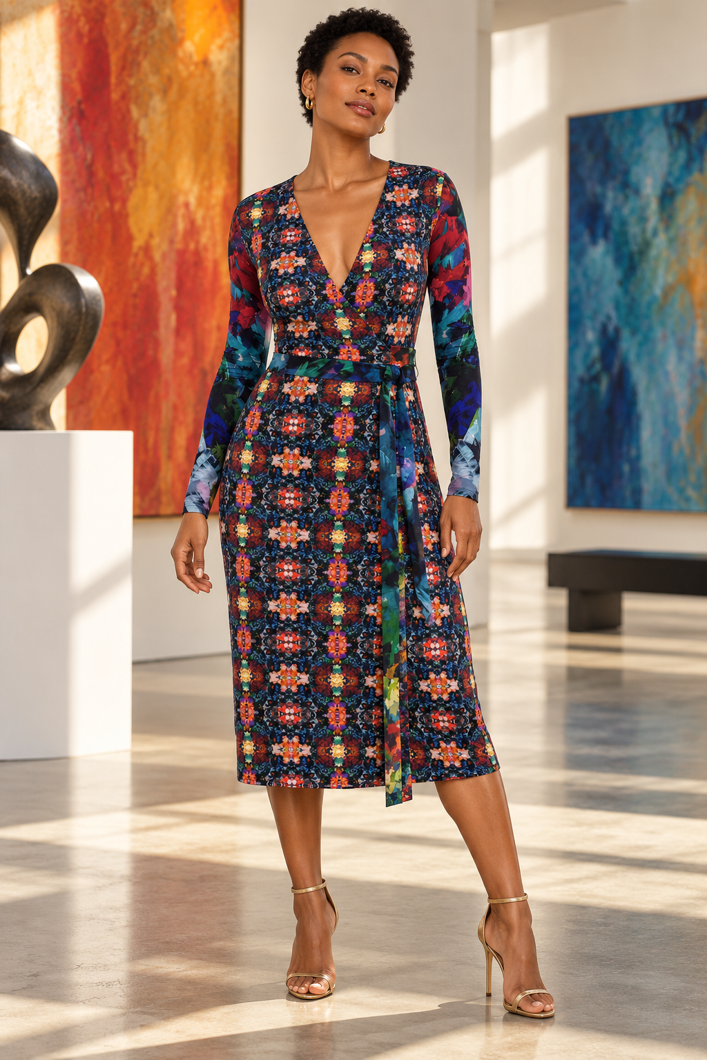 Too Many Flowers 2 long wrap dress, editorial front, black model