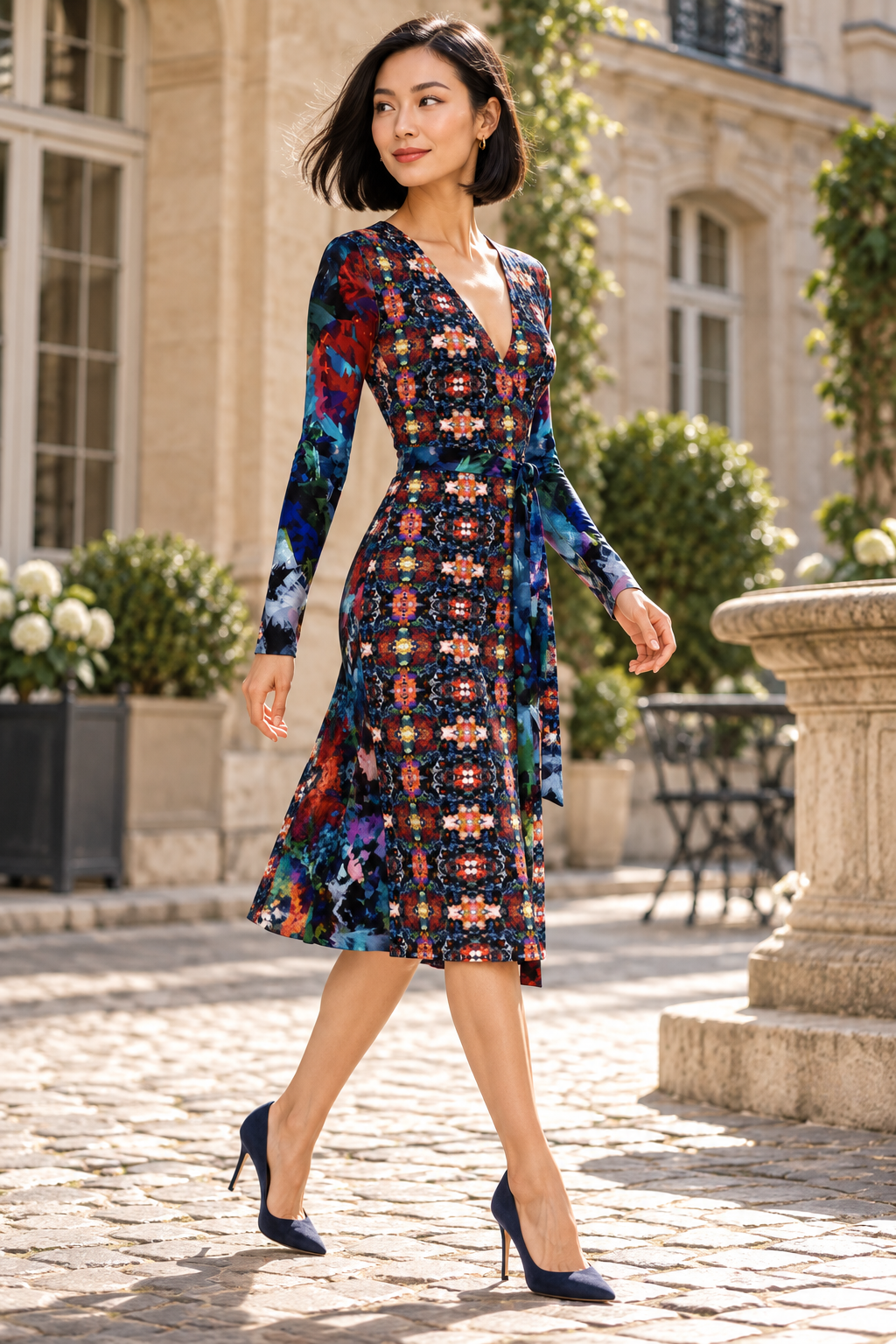 Too Many Flowers 2 long wrap dress, walking three-quarter, east asian model