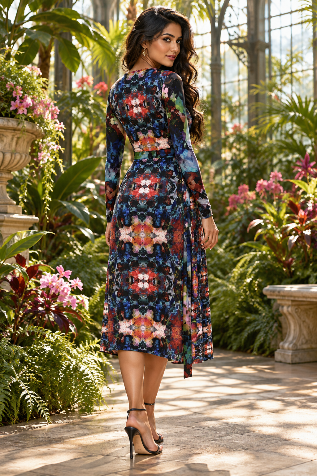 Too Many Flowers 2 long wrap dress, back, south asian model