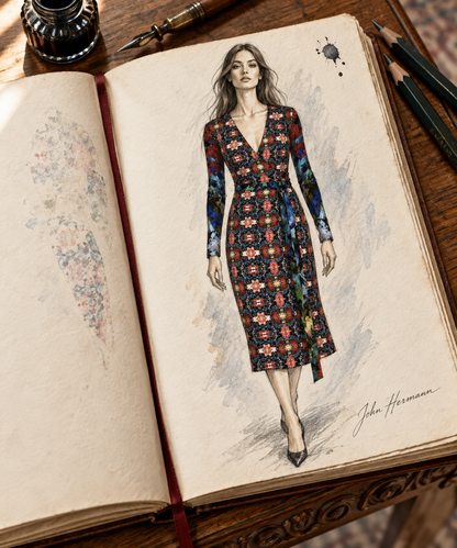 Too Many Flowers 2 long wrap dress, designer Handbook front view