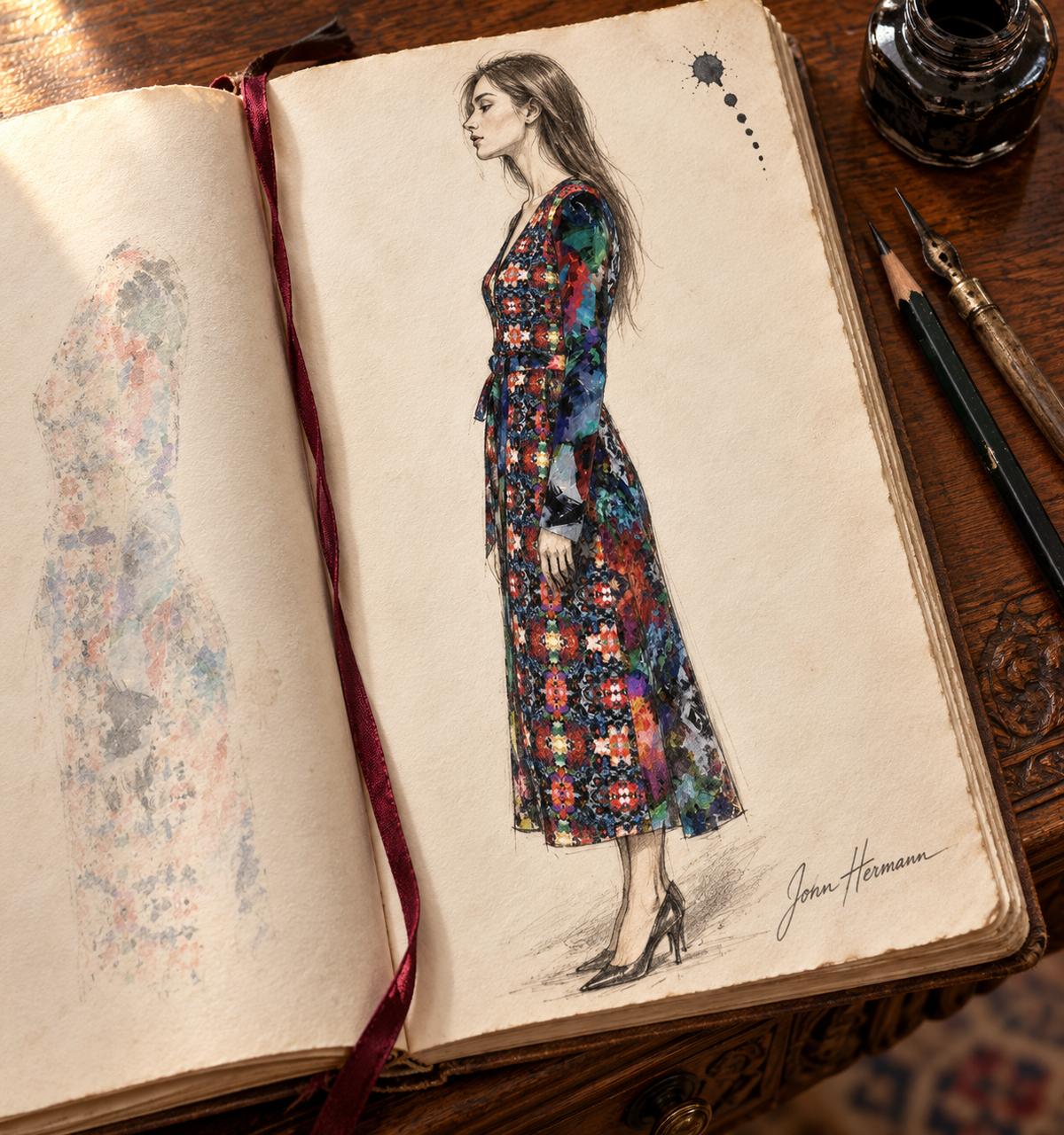 Too Many Flowers 2 long wrap dress, designer Handbook left profile view
