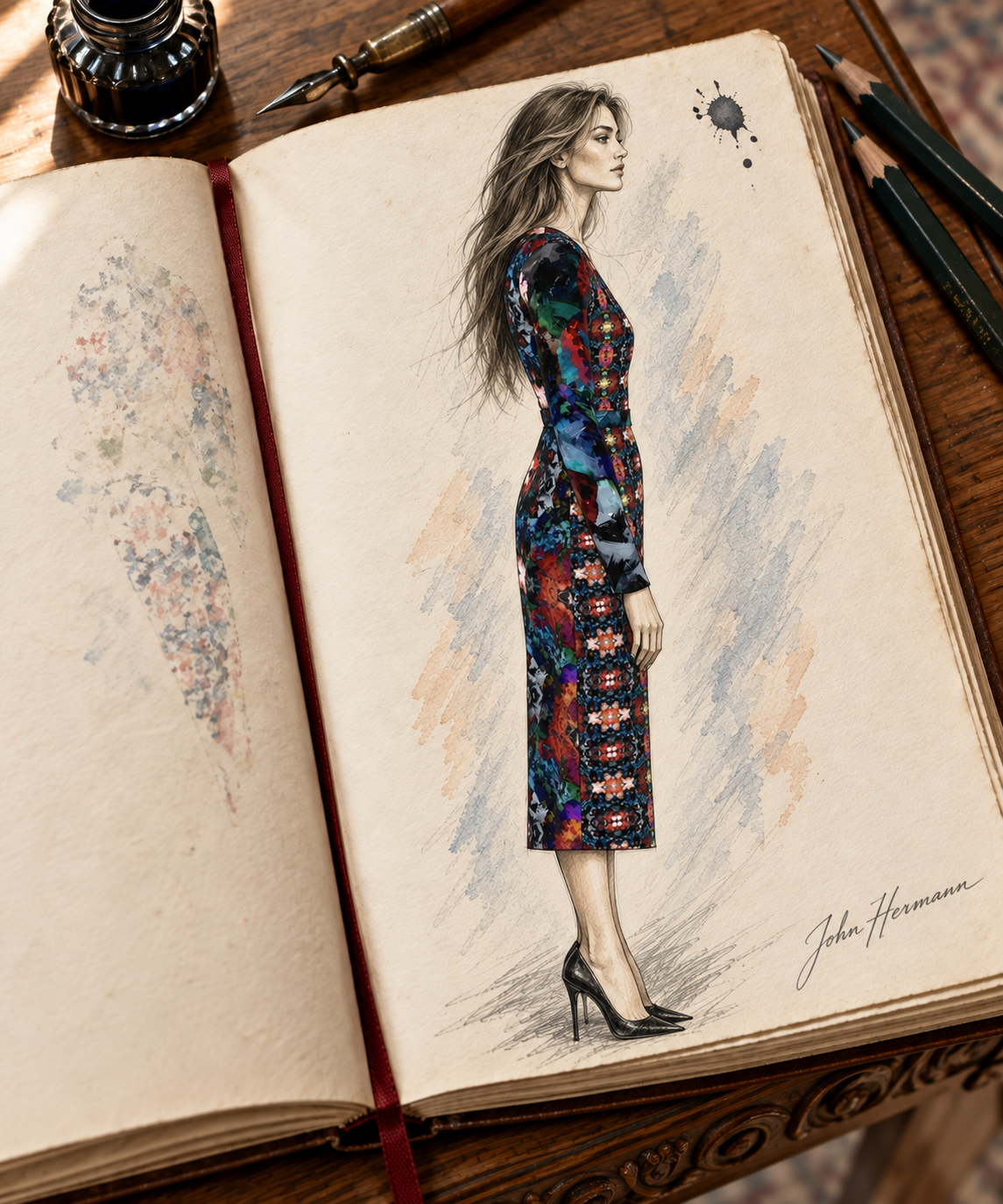 Too Many Flowers 2 long wrap dress, designer Handbook right profile view