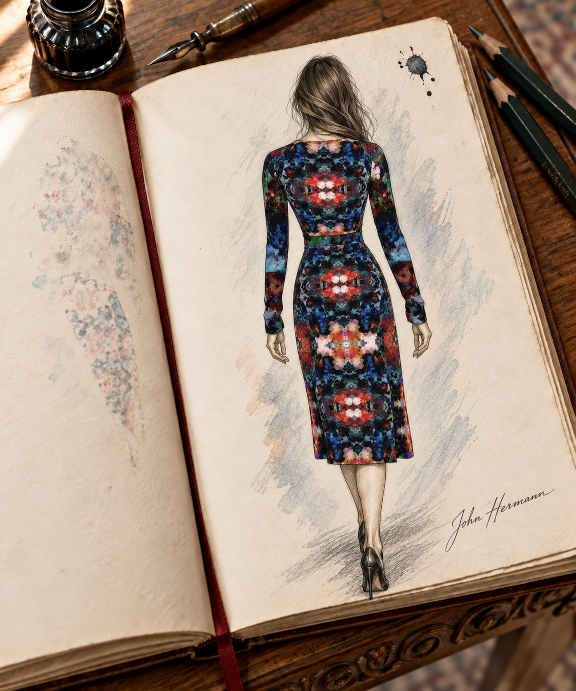 Too Many Flowers 2 long wrap dress, designer Handbook back view