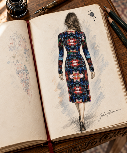 Too Many Flowers 2 long wrap dress, designer Handbook back view