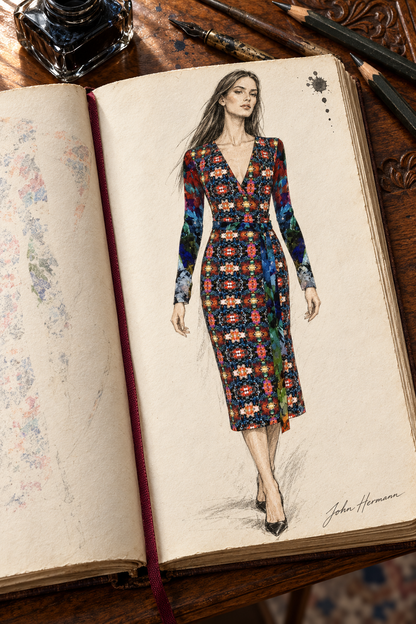 Too Many Flowers 2 long wrap dress, designer Handbook closer front wrap view