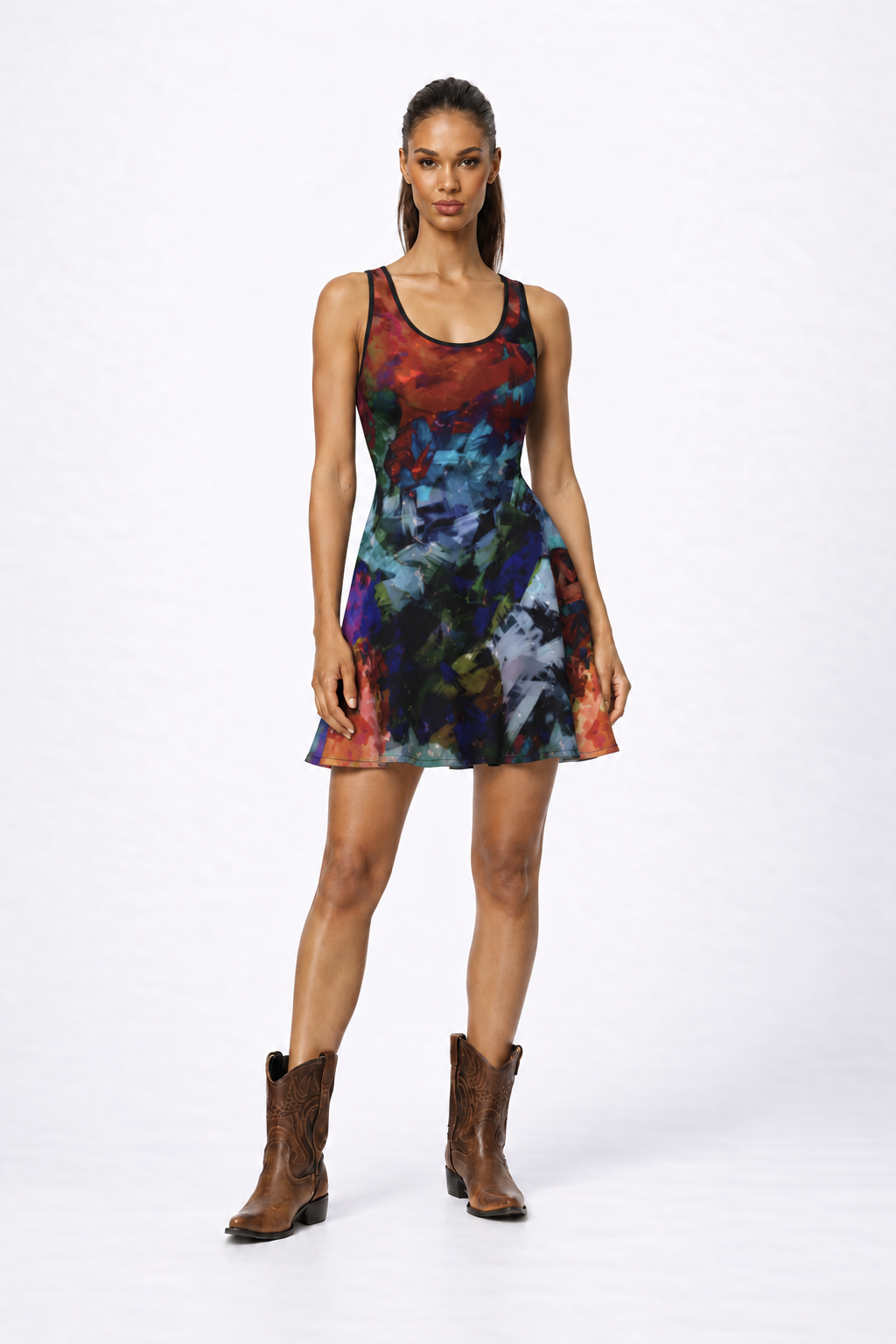 Too Many Flowers Flare Dress — photorealistic front view