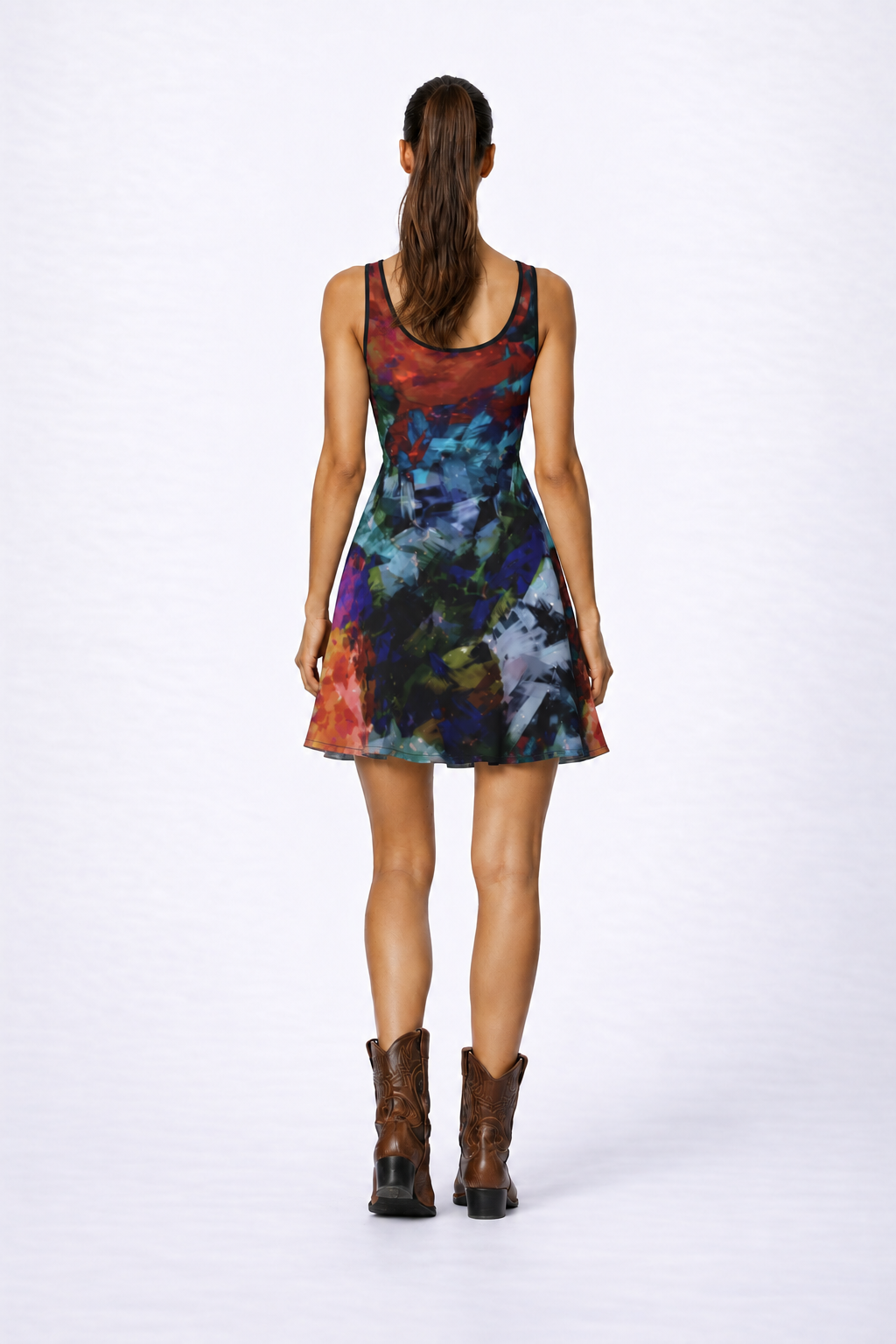 Too Many Flowers Flare Dress — photorealistic back view