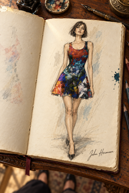 ArtDogs Handbook sketch — Too Many Flowers Flare Dress, front view
