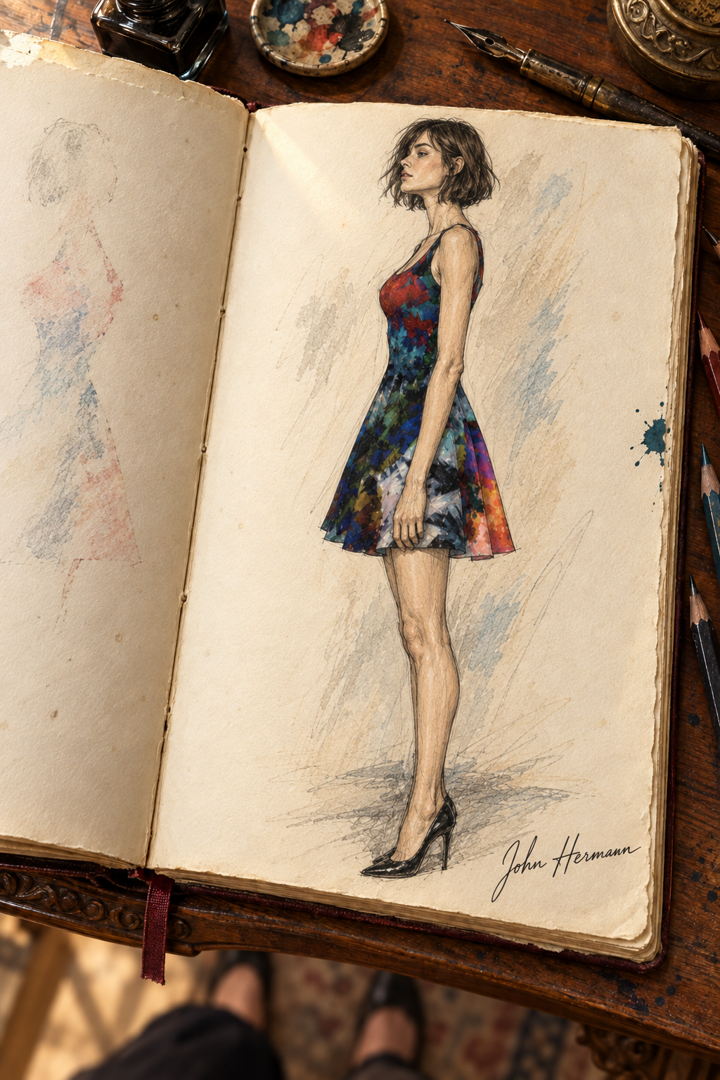 ArtDogs Handbook sketch — Too Many Flowers Flare Dress, right profile