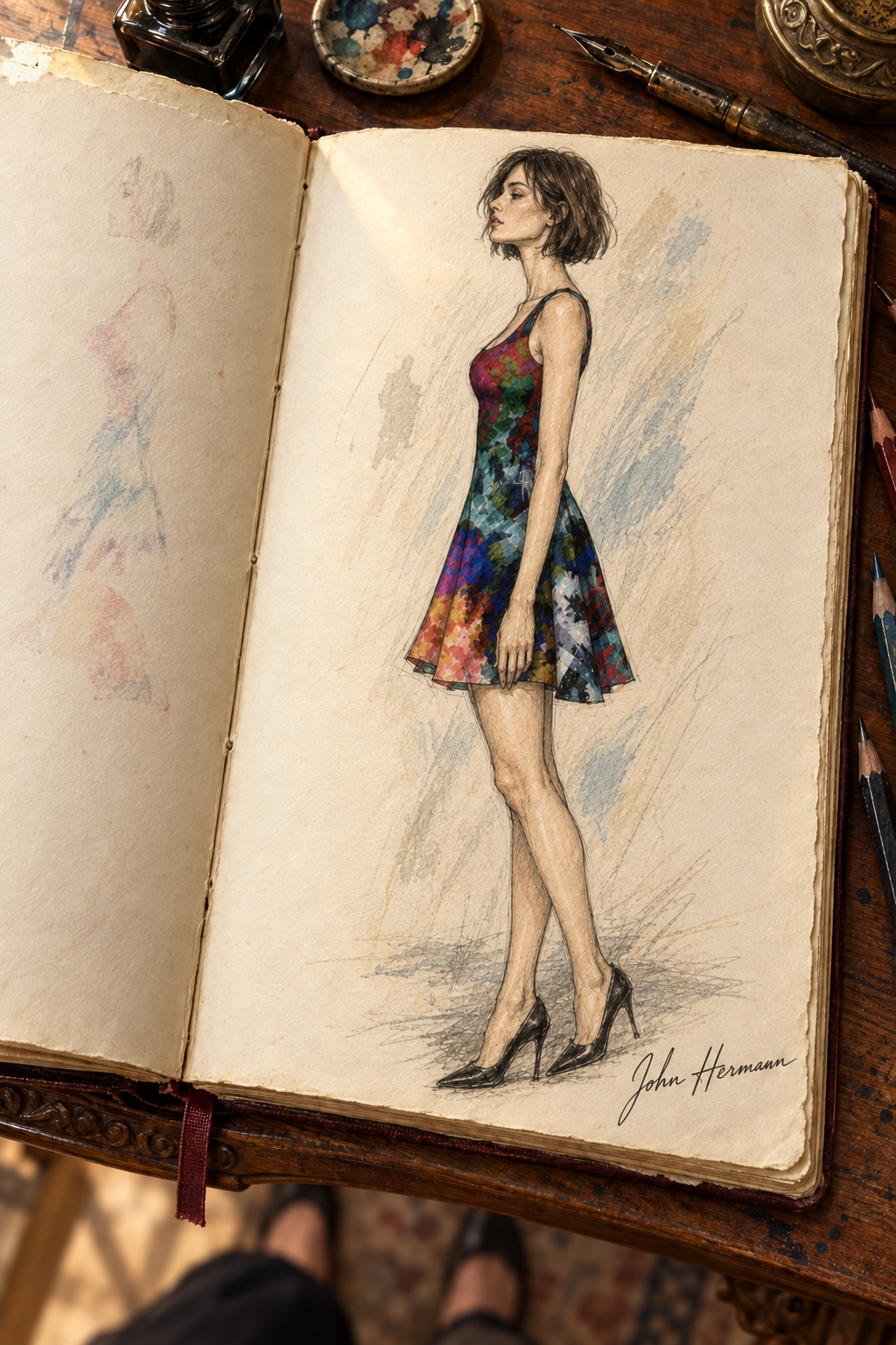 ArtDogs Handbook sketch — Too Many Flowers Flare Dress, left profile
