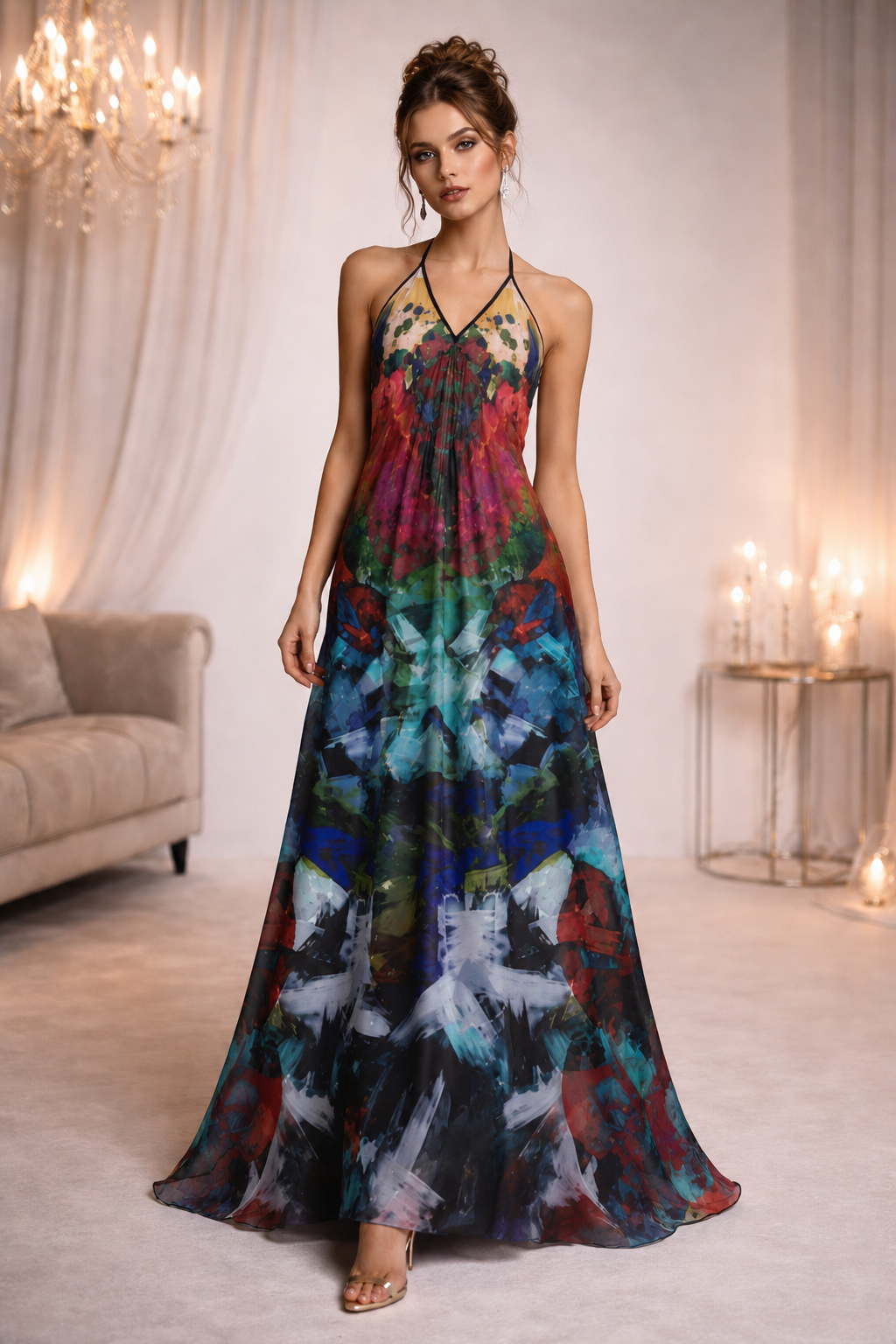 Too Many Flowers Halterneck Backless Dress — corrected photorealistic front view