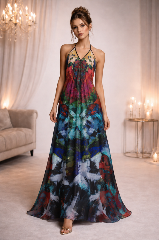 Too Many Flowers Halterneck Backless Dress — corrected photorealistic front view