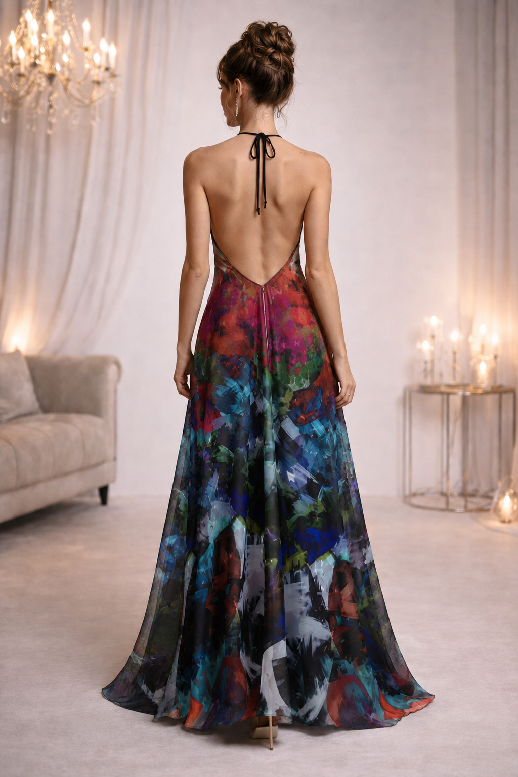 Too Many Flowers Halterneck Backless Dress — corrected photorealistic back view