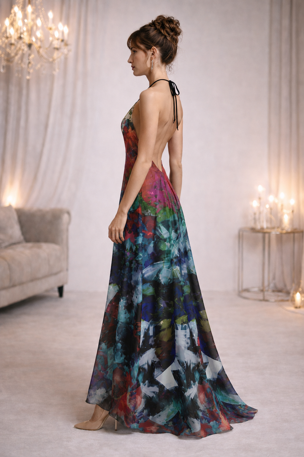 Too Many Flowers Halterneck Backless Dress — corrected photorealistic left view