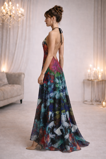 Too Many Flowers Halterneck Backless Dress — corrected photorealistic left view
