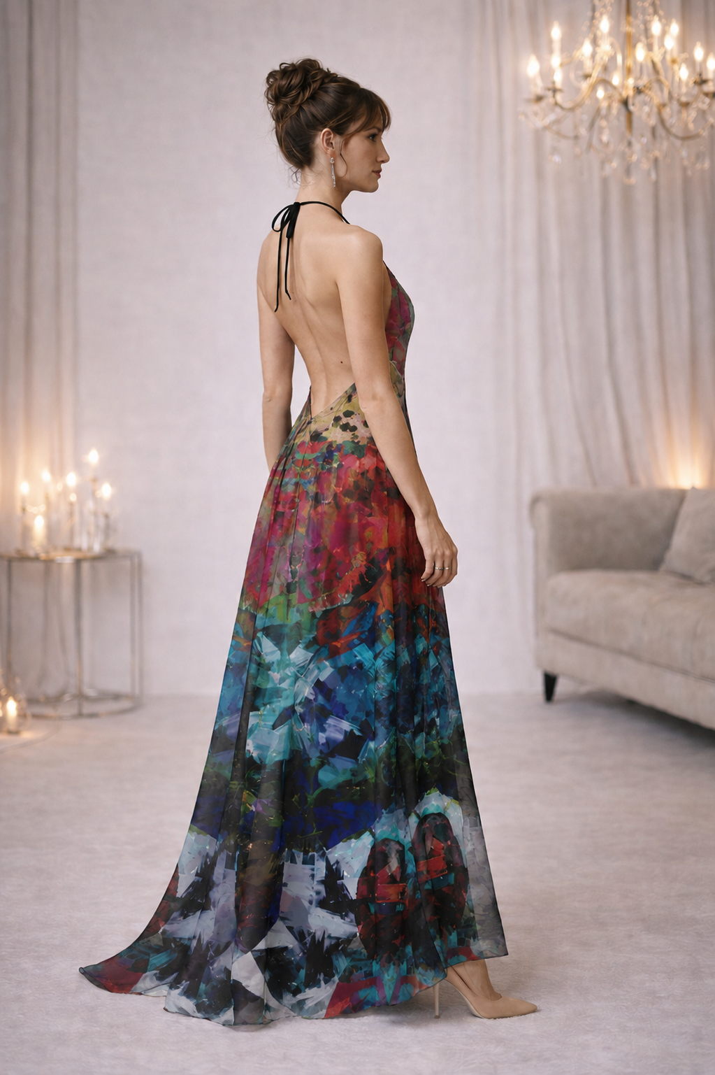 Too Many Flowers Halterneck Backless Dress — corrected photorealistic right view