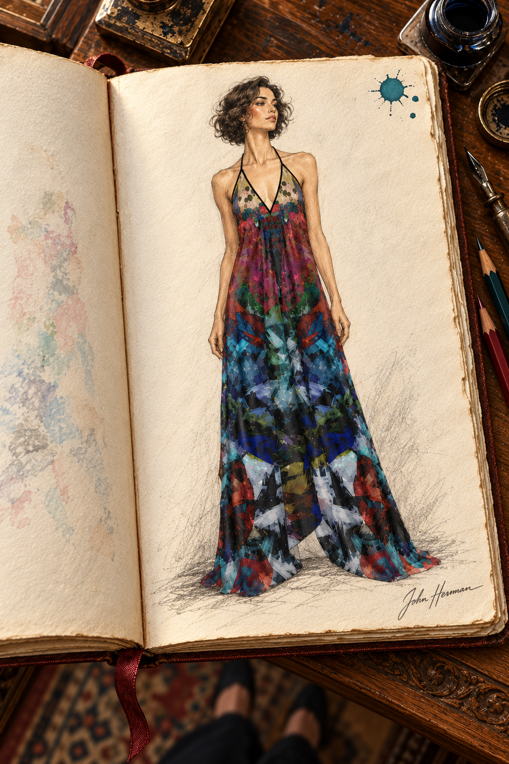 Too Many Flowers Halterneck Backless Dress — John Hermann hand-drawn Handbook, front.