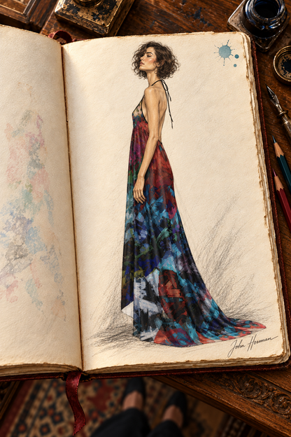 Too Many Flowers Halterneck Backless Dress — John Hermann hand-drawn Handbook, left.