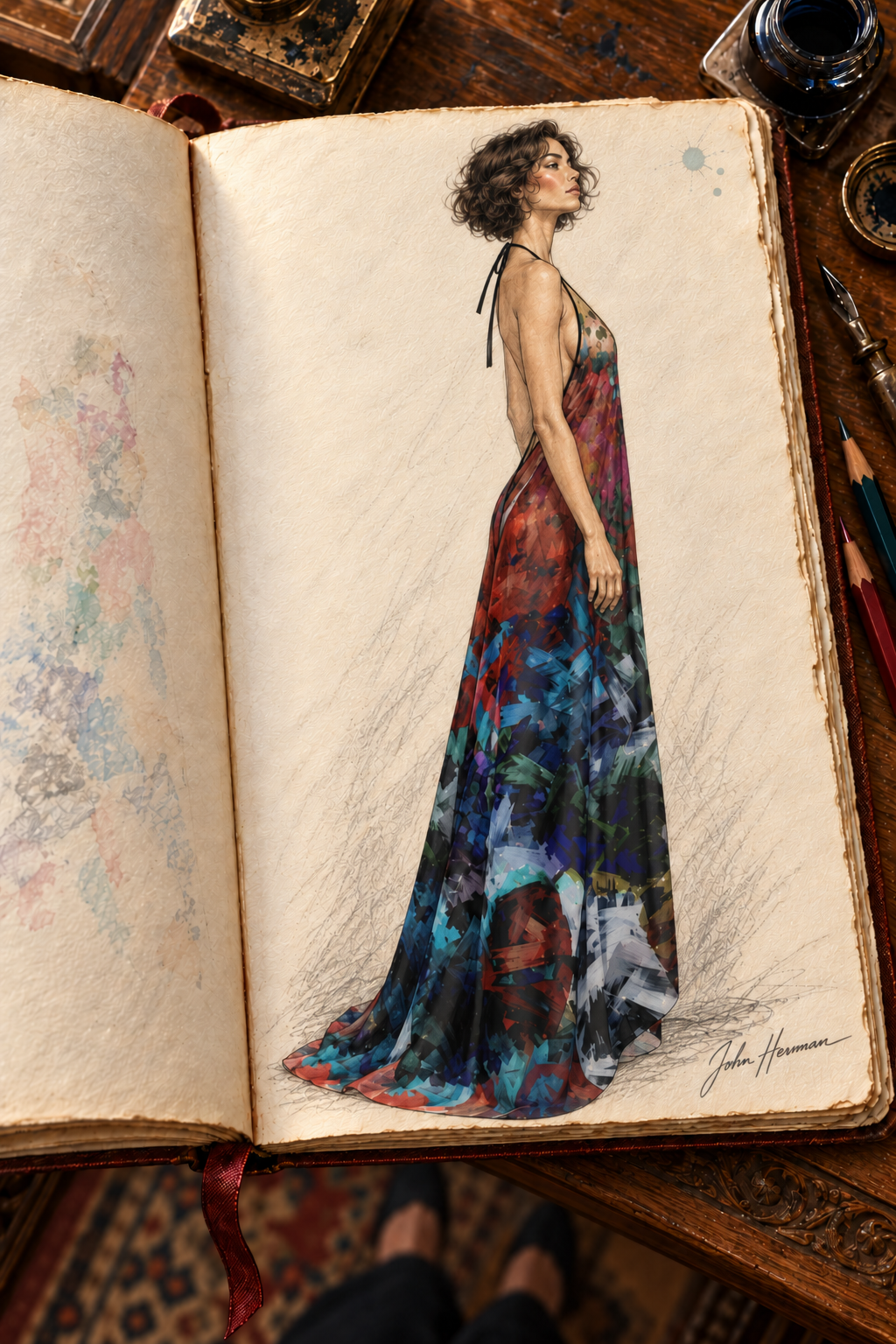 Too Many Flowers Halterneck Backless Dress — John Hermann hand-drawn Handbook, right.