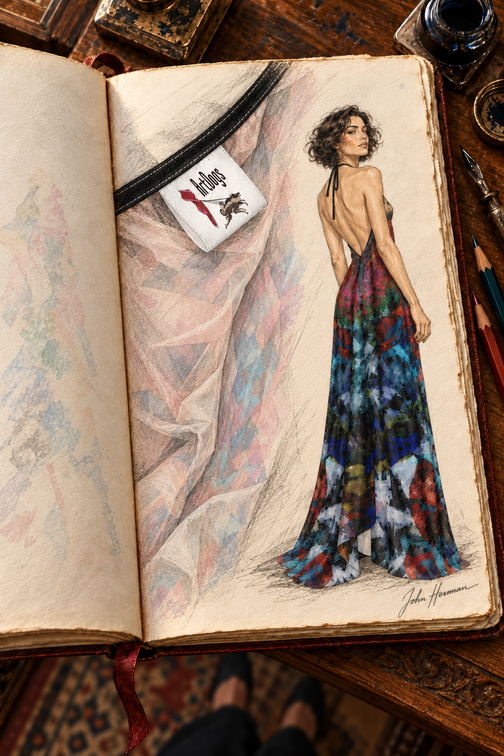 Too Many Flowers Halterneck Backless Dress — John Hermann hand-drawn Handbook, fabric-label-detail.