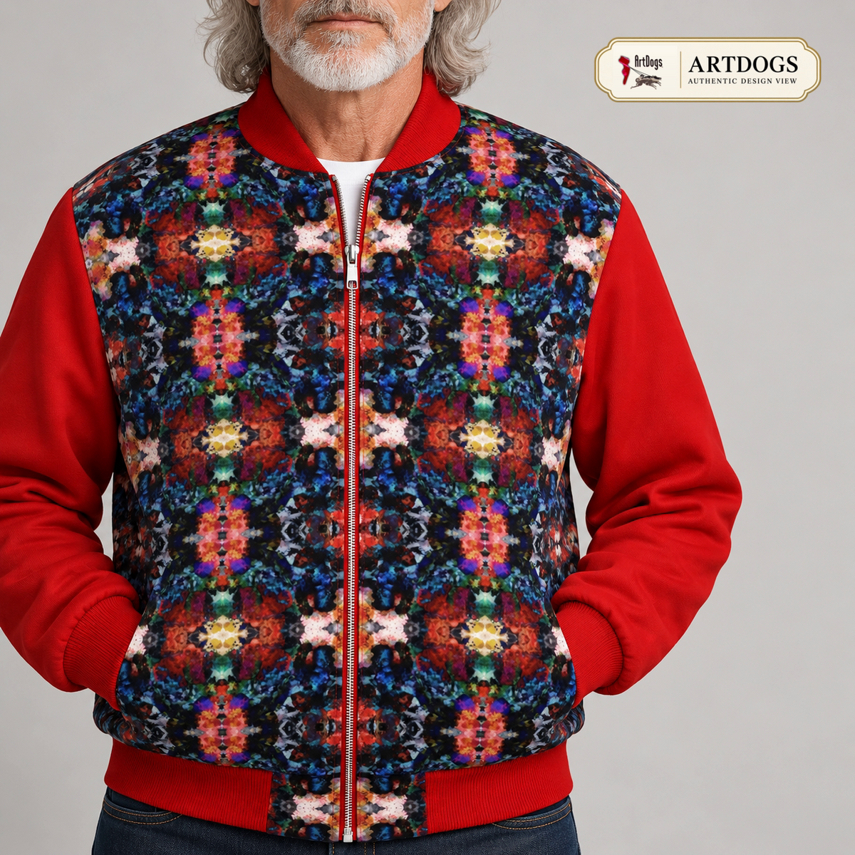 Too Many Flowers Kalideoscope Men's Bomber Jacket — Authentic Design View worn close-up