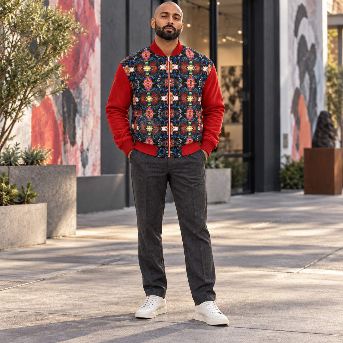 Too Many Flowers Kalideoscope Men's Bomber Jacket — photorealistic fashion front view