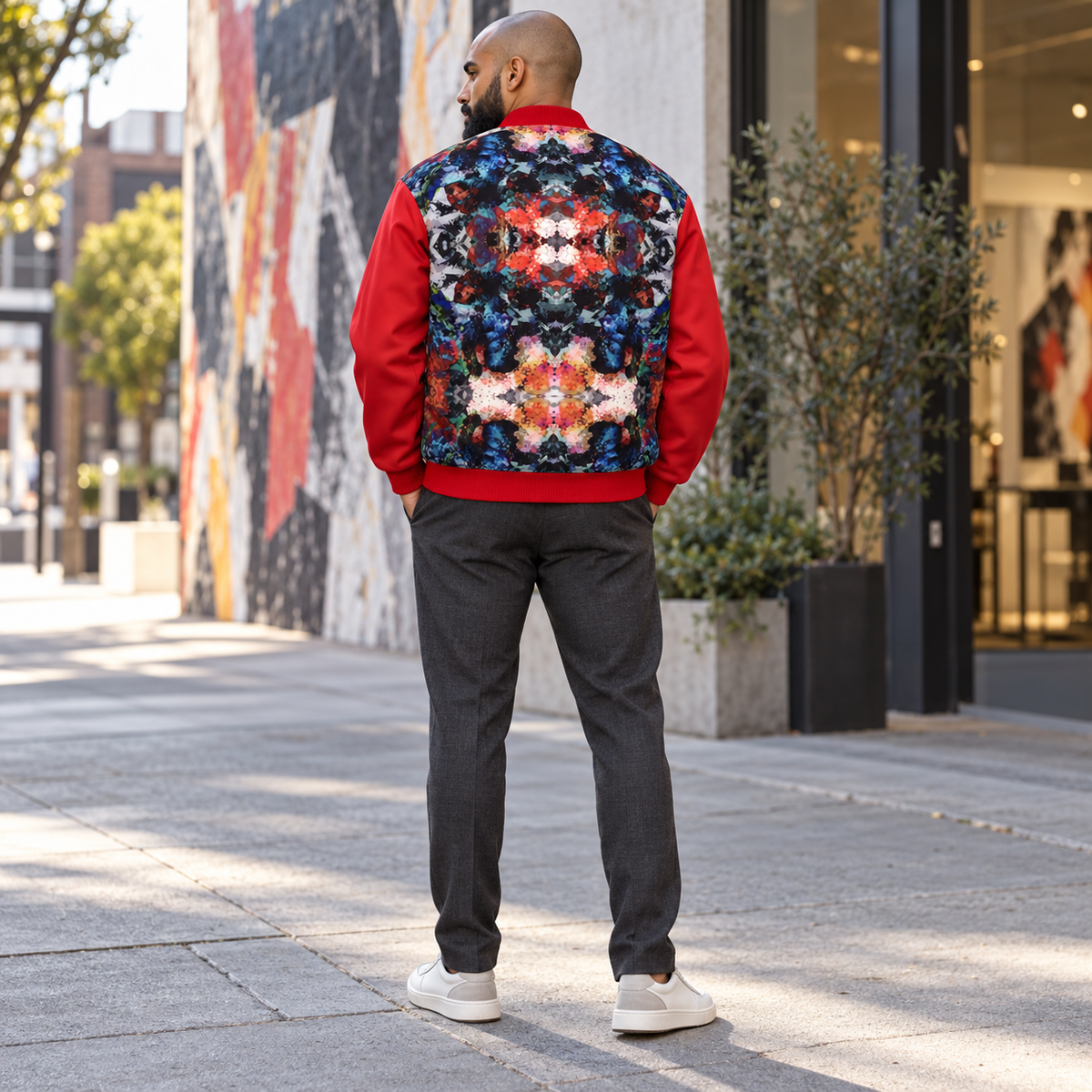 Too Many Flowers Kalideoscope Men's Bomber Jacket — photorealistic fashion back view