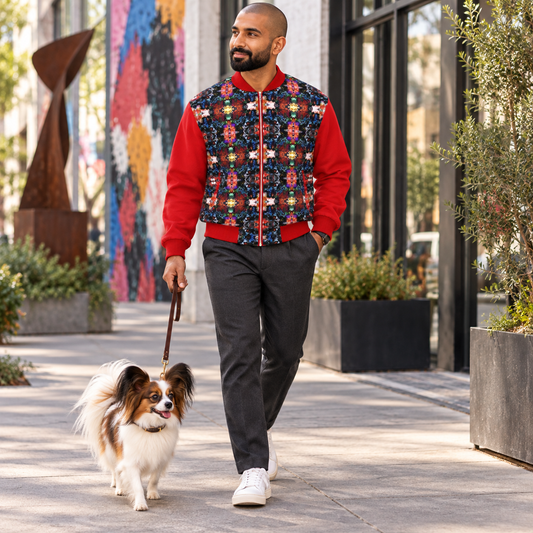 Too Many Flowers Kalideoscope Men's Bomber Jacket — owner with registered Papillon companion