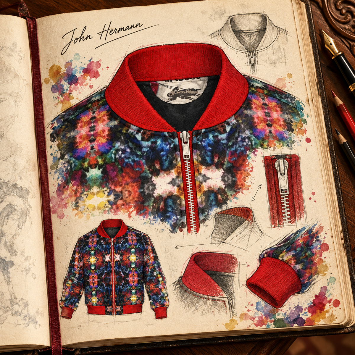 Too Many Flowers Kalideoscope Men's Bomber Jacket — Handbook collar and zipper detail