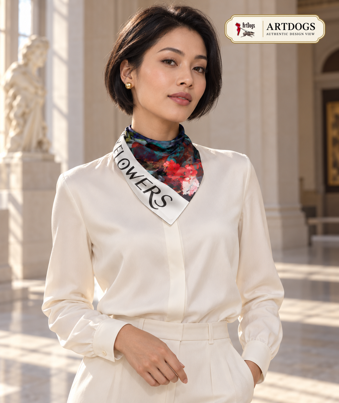 Too Many Flowers 16-inch Silk Charmeuse square scarf — Authentic Design View