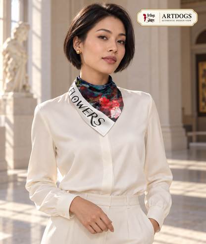 Too Many Flowers 16-inch Silk Charmeuse square scarf — Authentic Design View