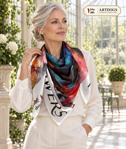 Too Many Flowers 50-inch Silk Charmeuse square scarf — Authentic Design View