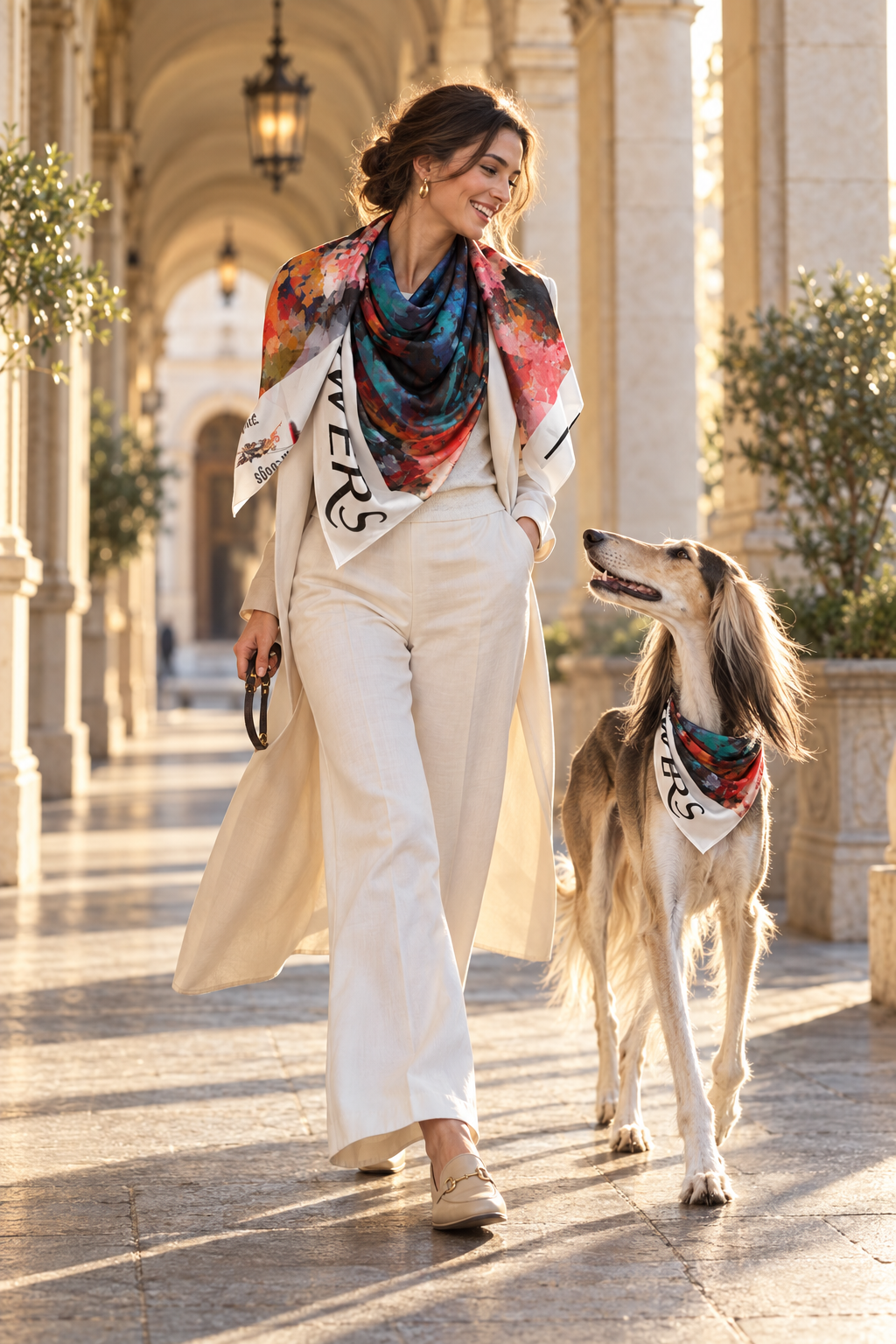 Too Many Flowers square scarf styled by an owner with a matching Saluki companion
