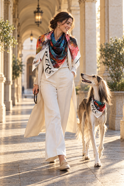 Too Many Flowers square scarf styled by an owner with a matching Saluki companion