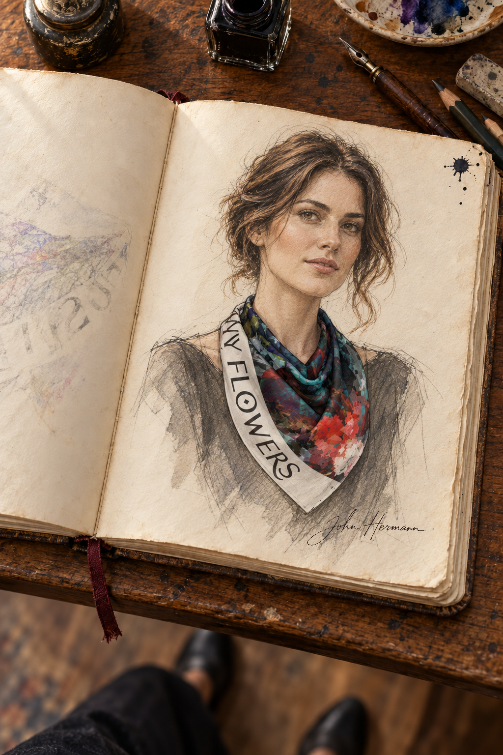 Too Many Flowers square scarf Handbook sketch — 26-inch styling