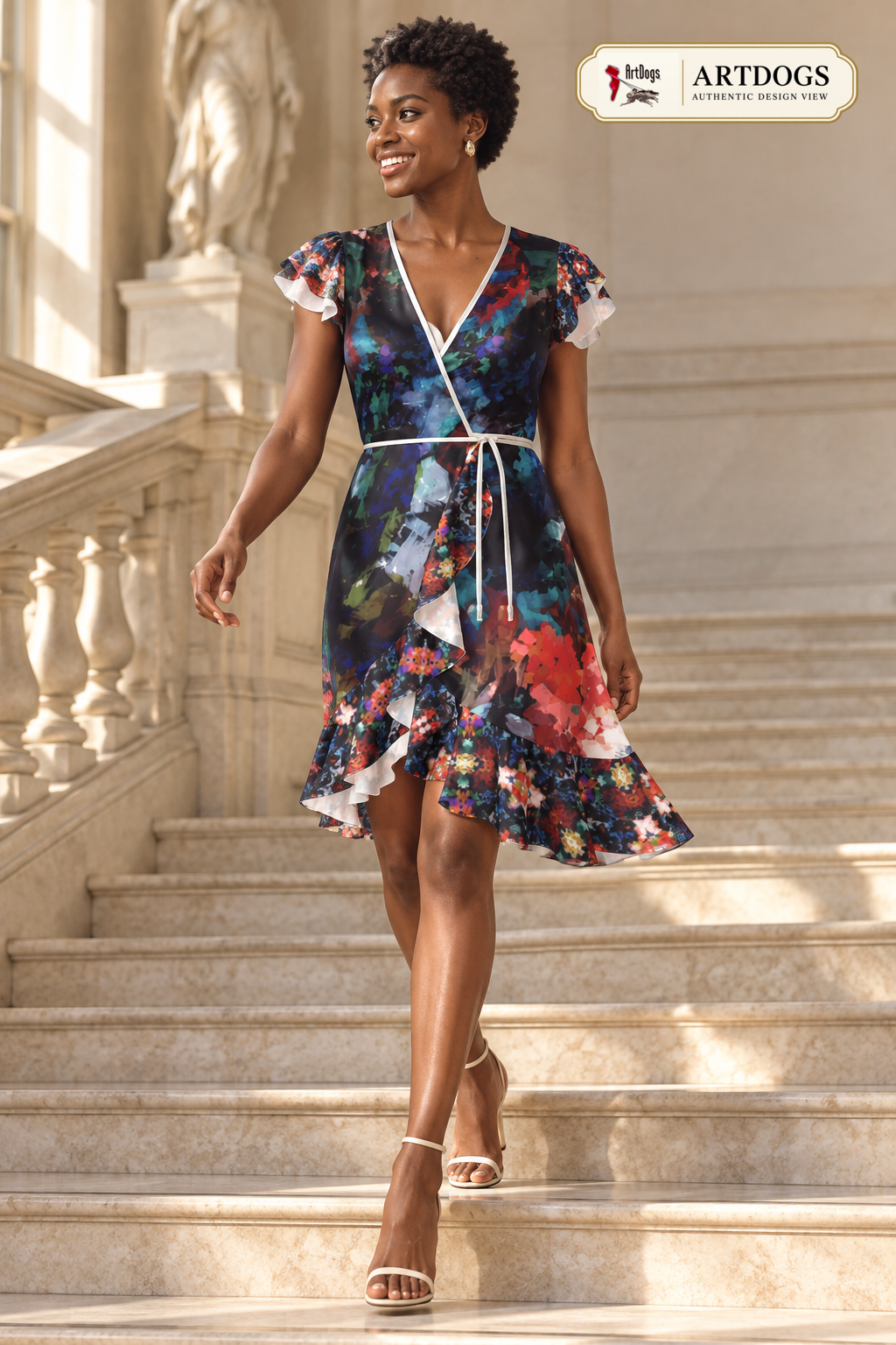 Too Many Flowers Tea Dress in pure silk satin — Authentic Design View front-left