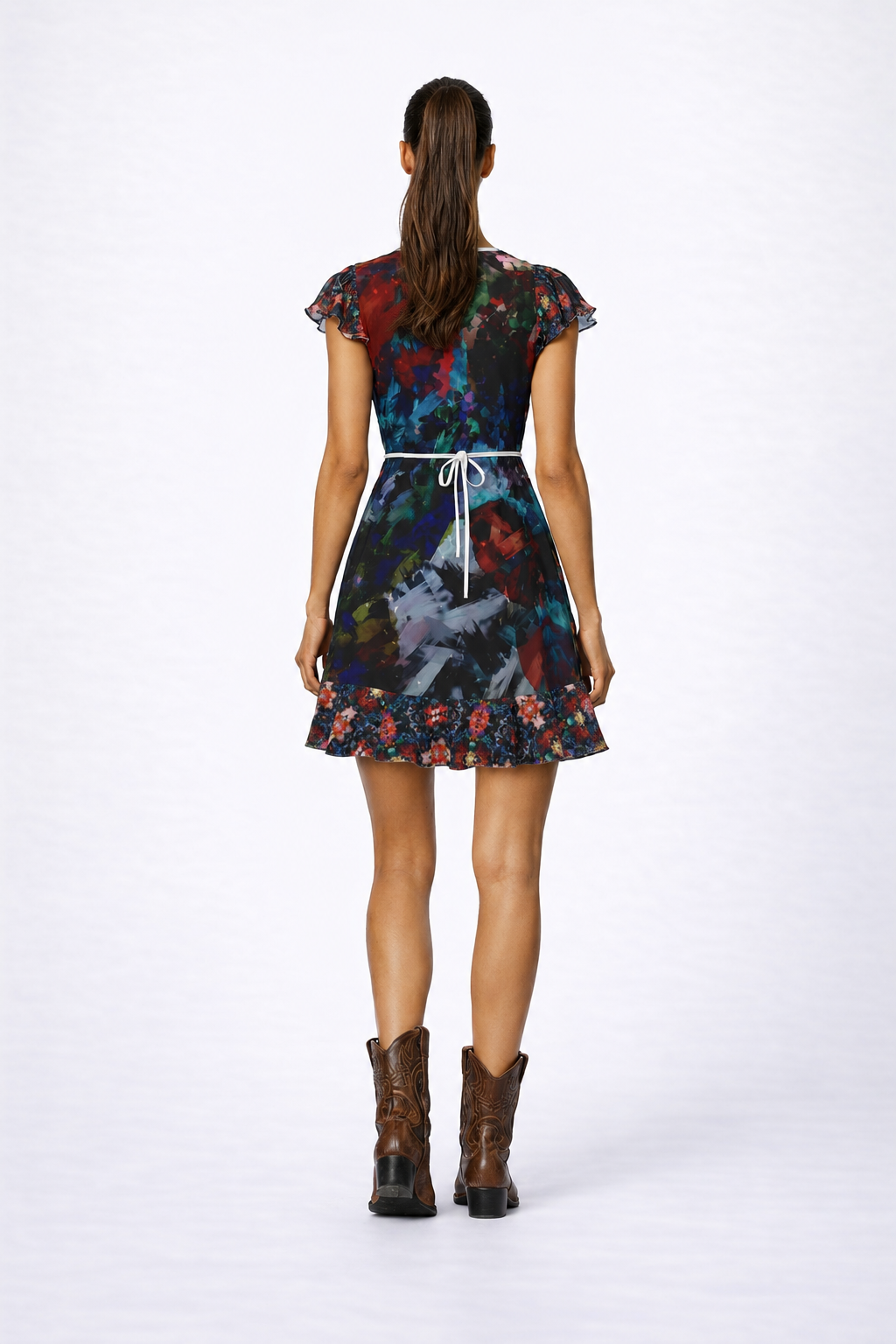 Too Many Flowers Tea Dress — corrected photorealistic back view