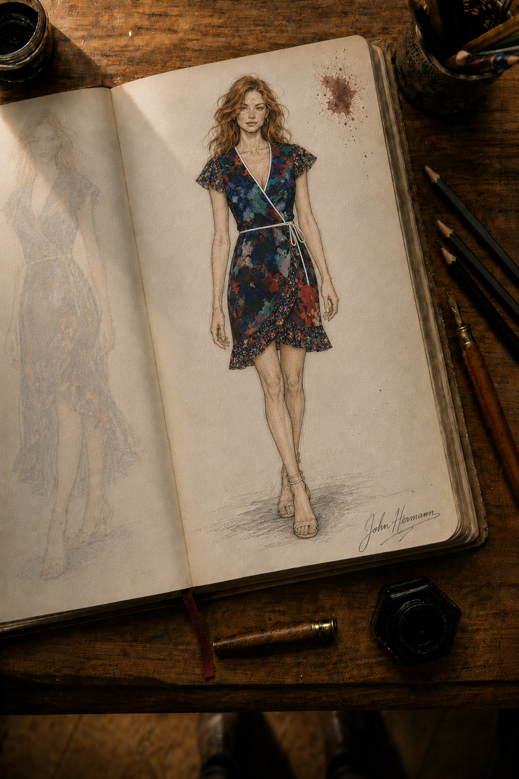 Too Many Flowers Tea Dress designer storybook — corrected front-right sketch with geometric flounce trim