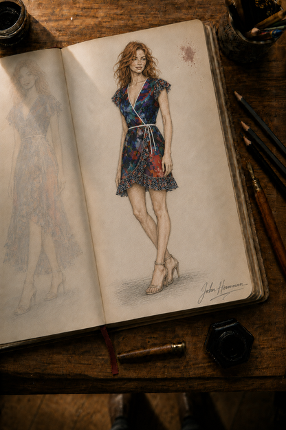 Too Many Flowers Tea Dress designer storybook — corrected front-left sketch with geometric flounce trim