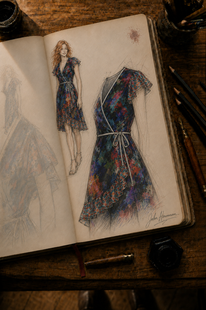 Too Many Flowers Tea Dress designer storybook — corrected left cap-sleeve construction study