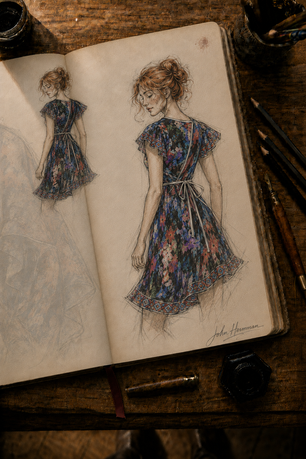 Too Many Flowers Tea Dress designer storybook — corrected right cap-sleeve construction study