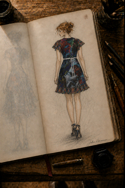 Too Many Flowers Tea Dress designer storybook — corrected short back sketch with geometric hem trim